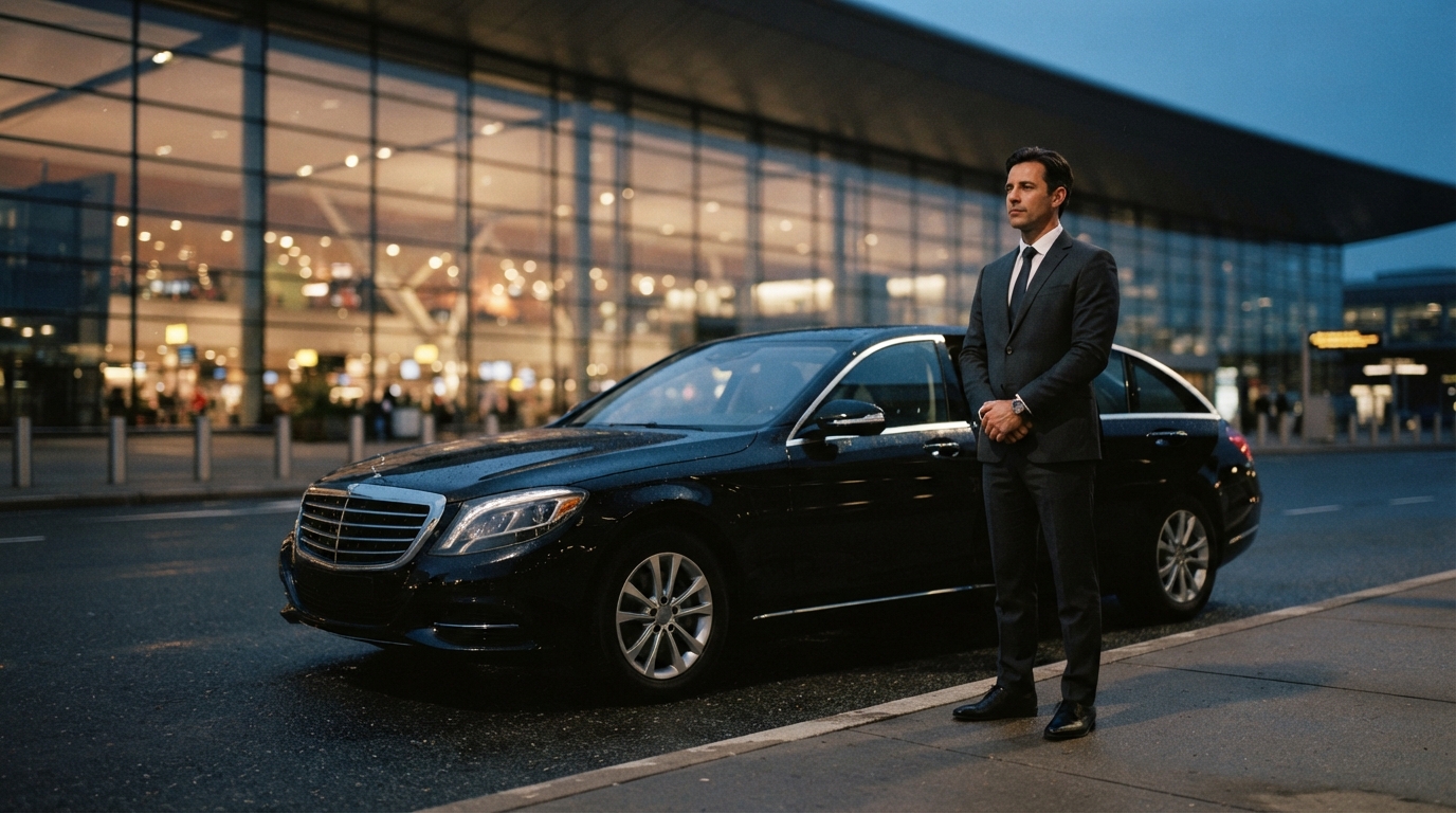 Chauffeur privé en costume sombre attendant un voyageur à la sortie d'un terminal de Roissy, berline noire garée derrière lui.