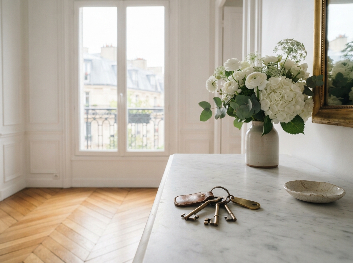 Clés posées sur une console en marbre dans un appartement haussmannien lumineux, bouquet de fleurs fraîches.
