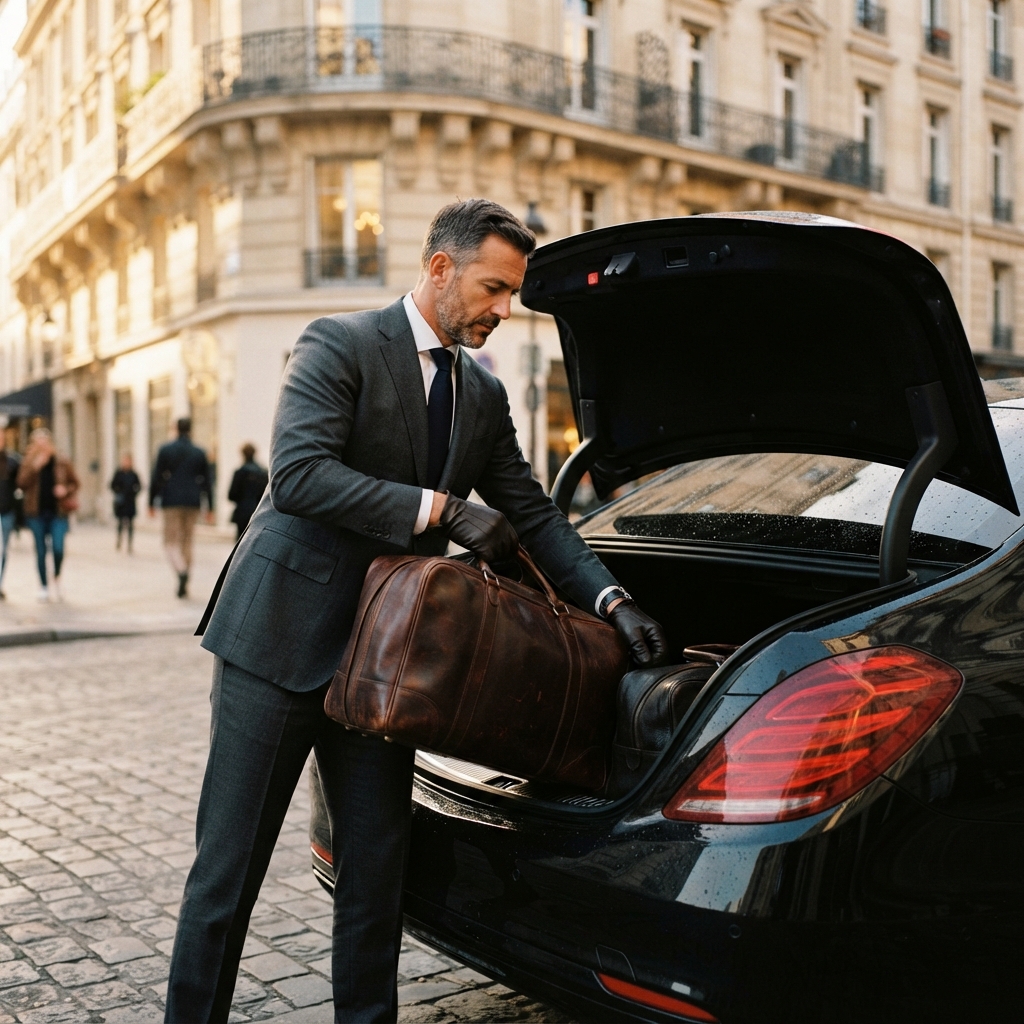 Chauffeur chargeant une valise dans le coffre d'une berline noire devant un immeuble parisien.