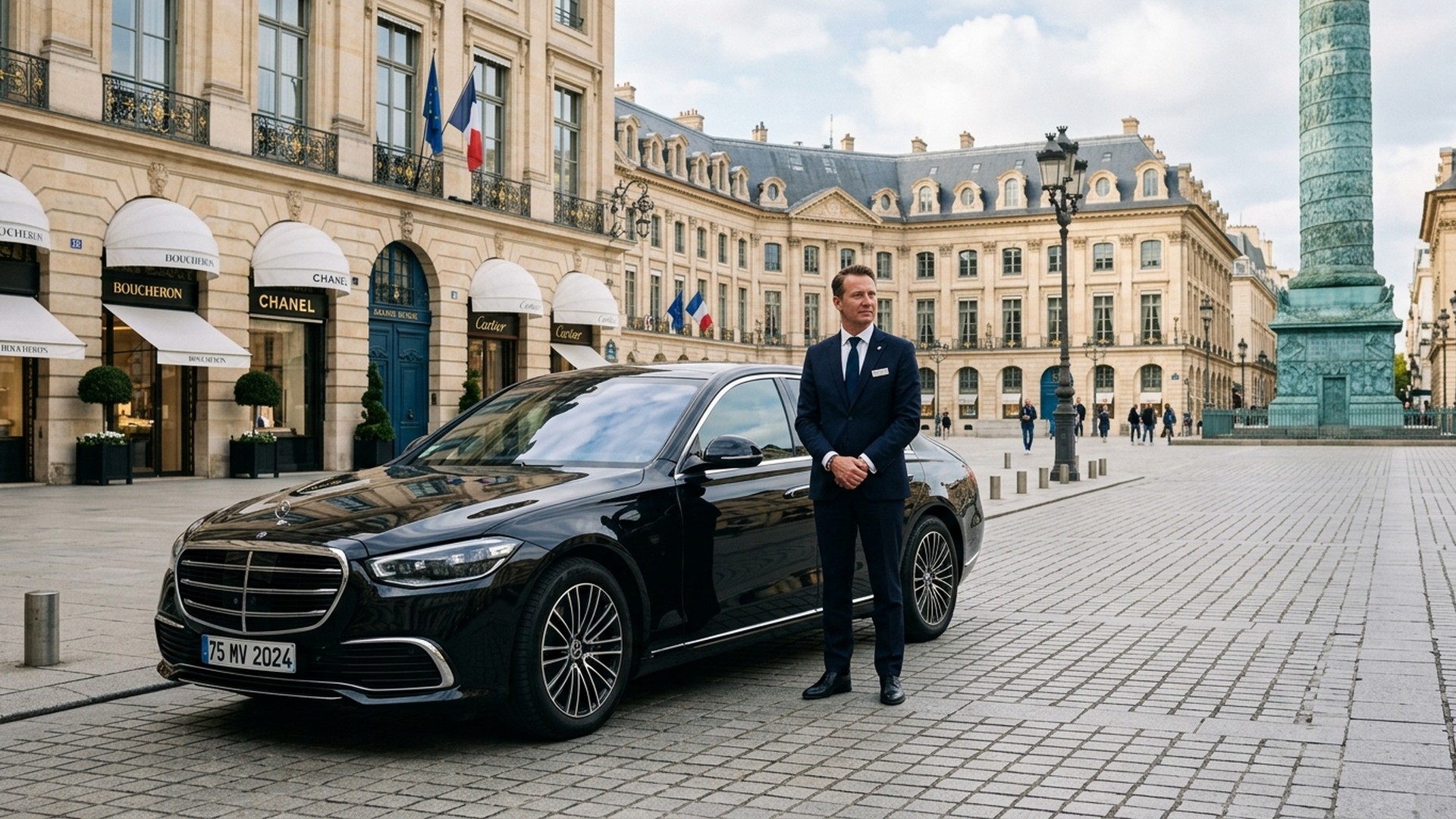Limousine Mercedes Classe S avec chauffeur privé en costume devant un palace parisien