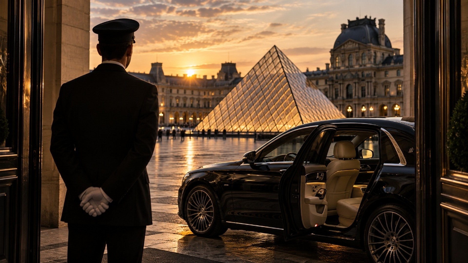 Chófer privado elegante abriendo la puerta de un vehículo de alta gama en París