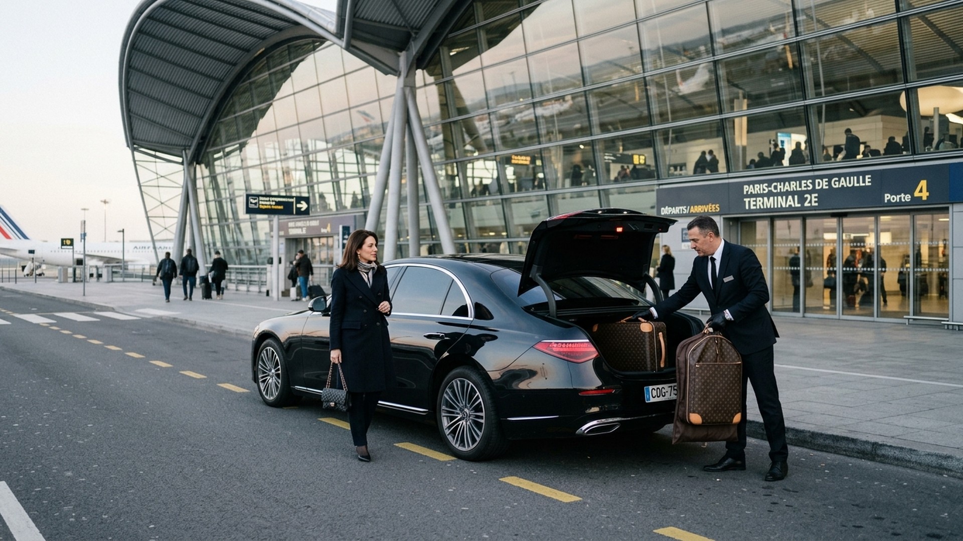 Chófer privado esperando con cartel nominativo en el aeropuerto CDG de París