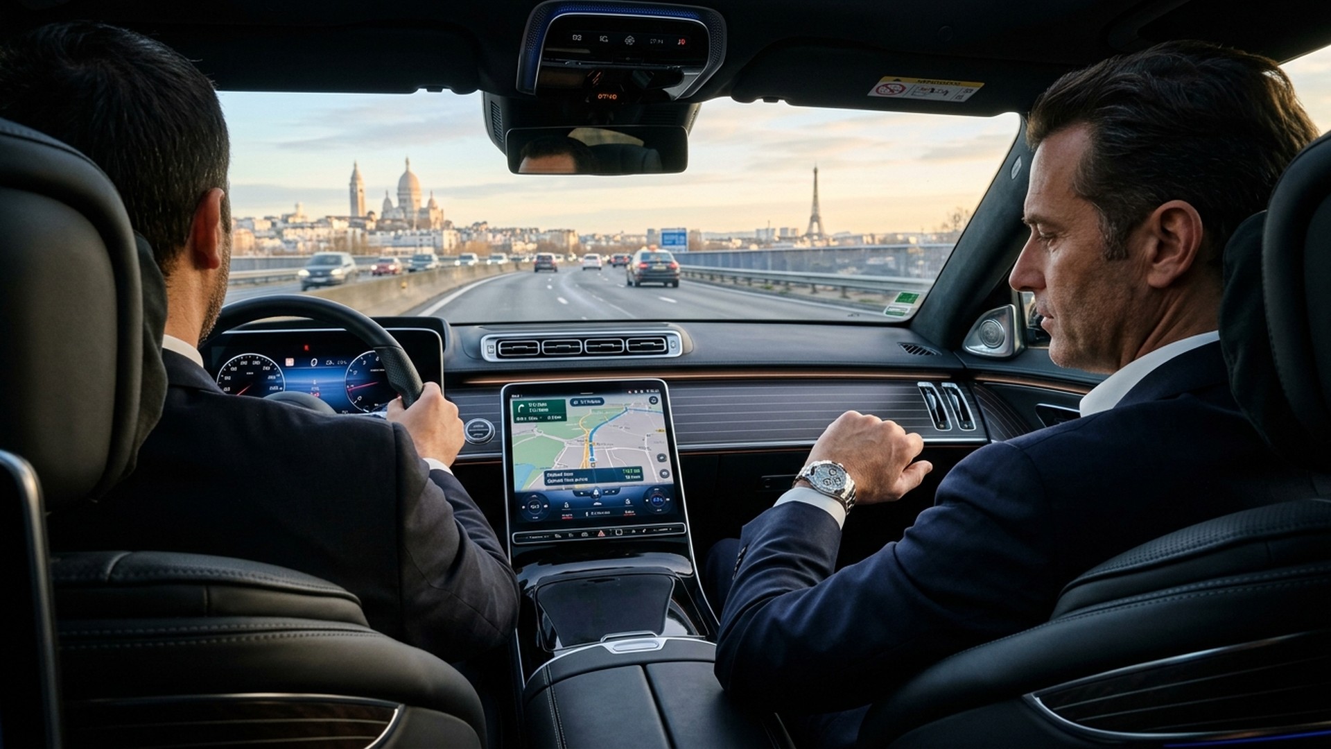 Berline de prestige Mercedes roulant sur l’autoroute A1 en direction de Paris