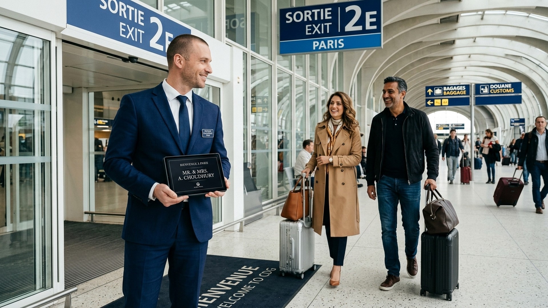 Suited private chauffeur holding digital personalized tablet sign at Paris CDG arrivals gate