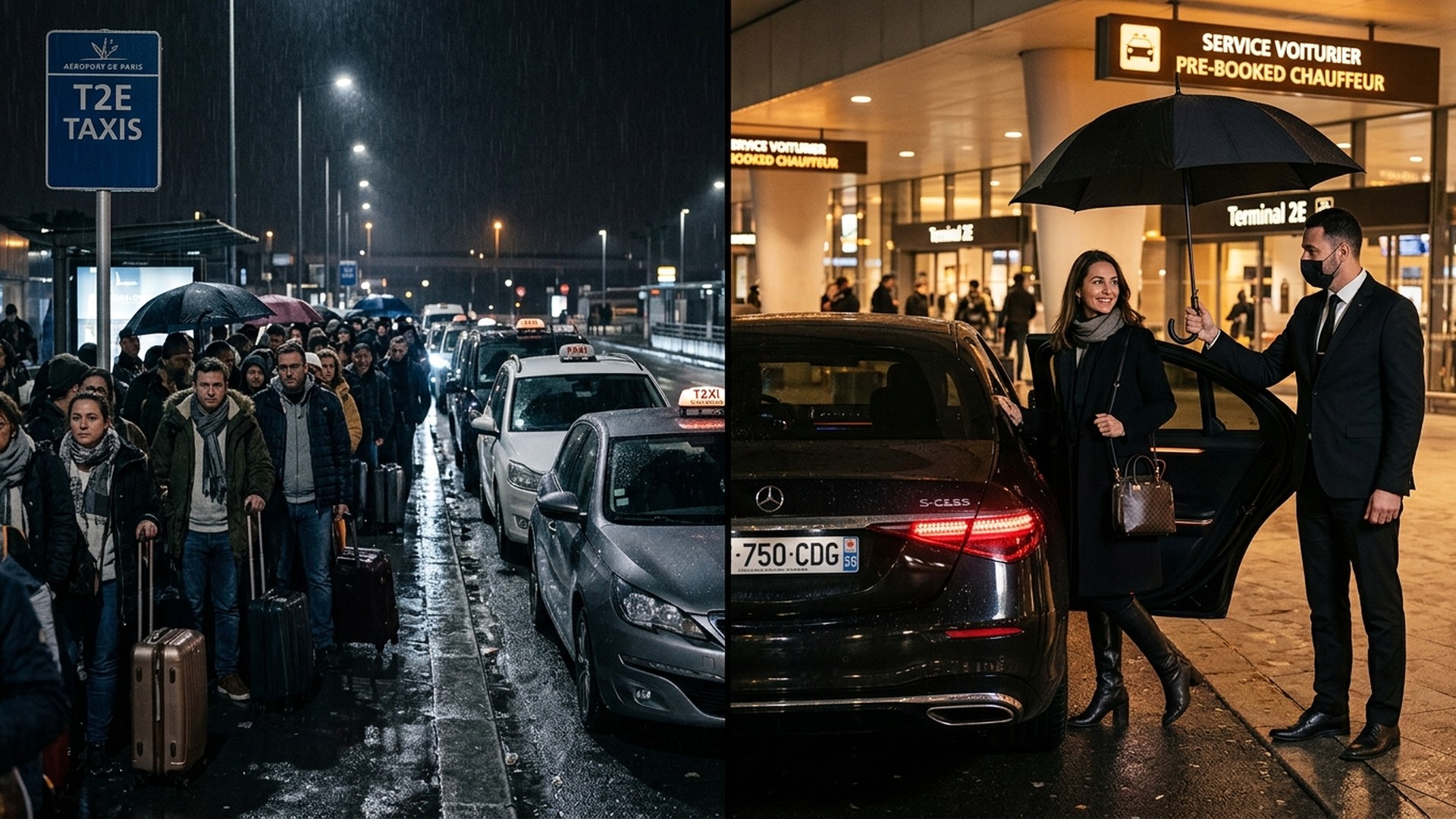 Comparativa entre chófer privado con traje elegante y fila de espera de taxis en París CDG