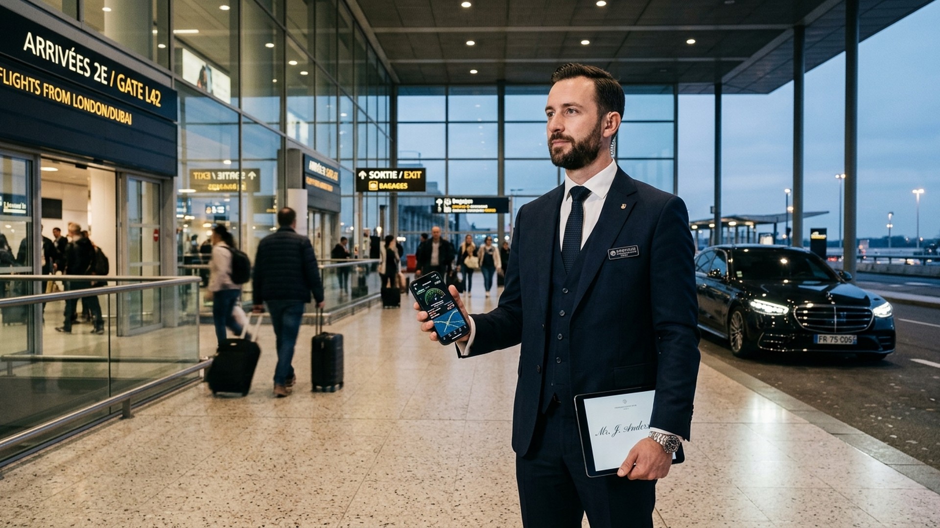 Chófer privado consultando el estado y la hora de llegada del vuelo en su smartphone