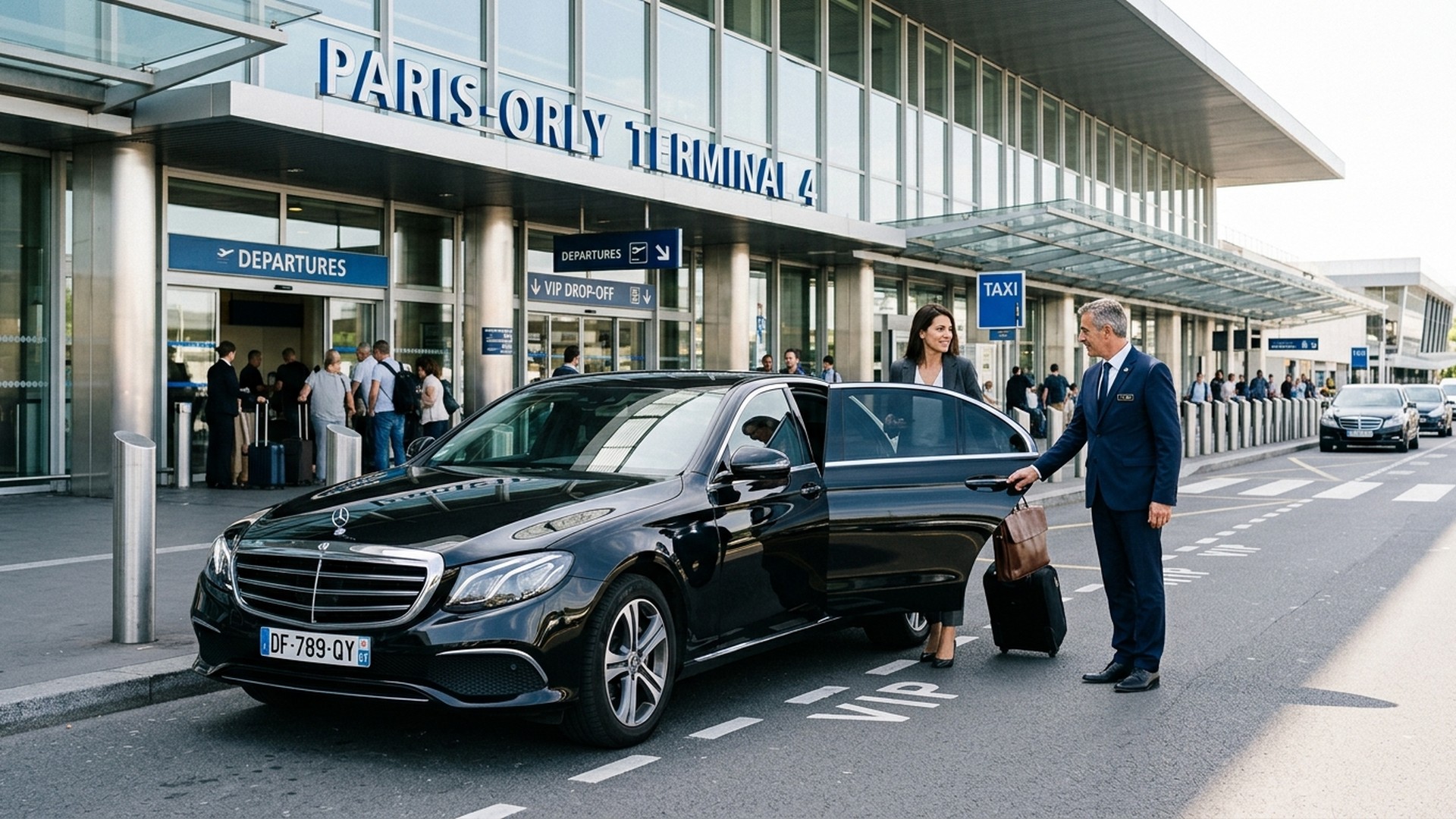 Berline Mercedes de prestige stationnée à l’aéroport Paris-Orly avec chauffeur privé