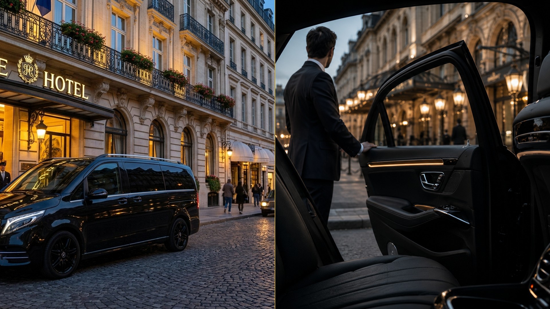 Limousine Mercedes Classe S et van Classe V côte à côte devant la Tour Eiffel à Paris
