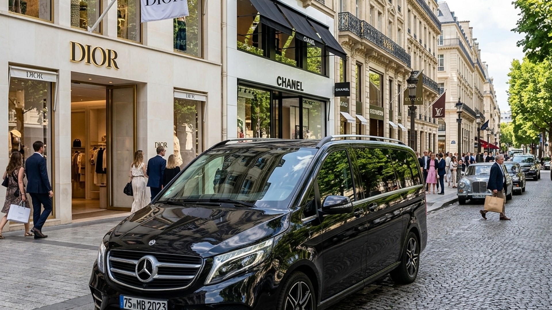 Chófer privado llevando bolsas de compras de lujo en Avenue Montaigne París