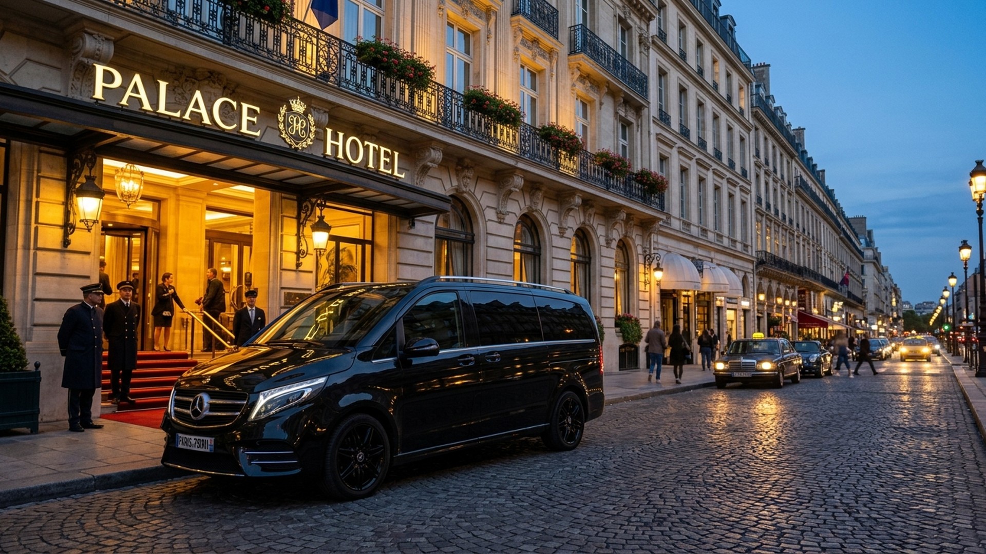 Flota de furgonetas y berlinas Mercedes coordinadas ante un centro de convenciones en París
