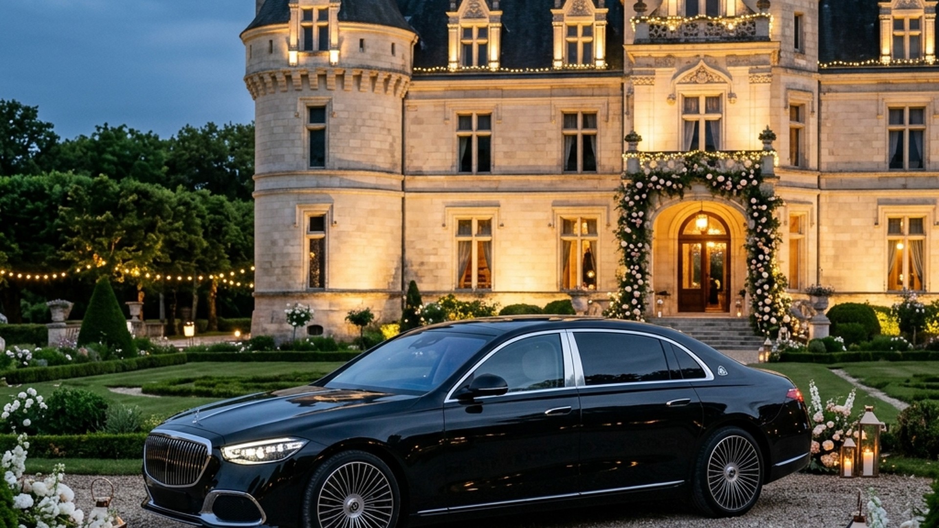 Stunning Mercedes-Maybach wedding car decorated with ribbons and private chauffeur outside a historic French château near Paris