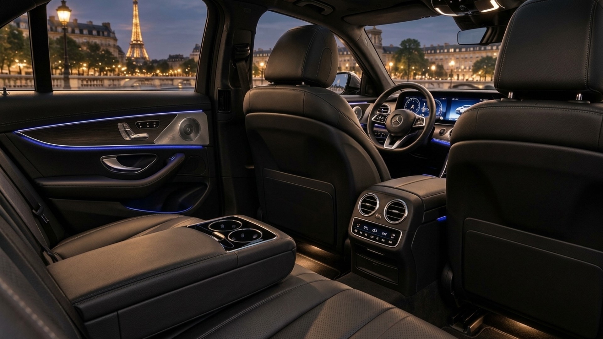 Business executive working on a laptop in the plush rear seat of a Mercedes S-Class with private chauffeur in Paris