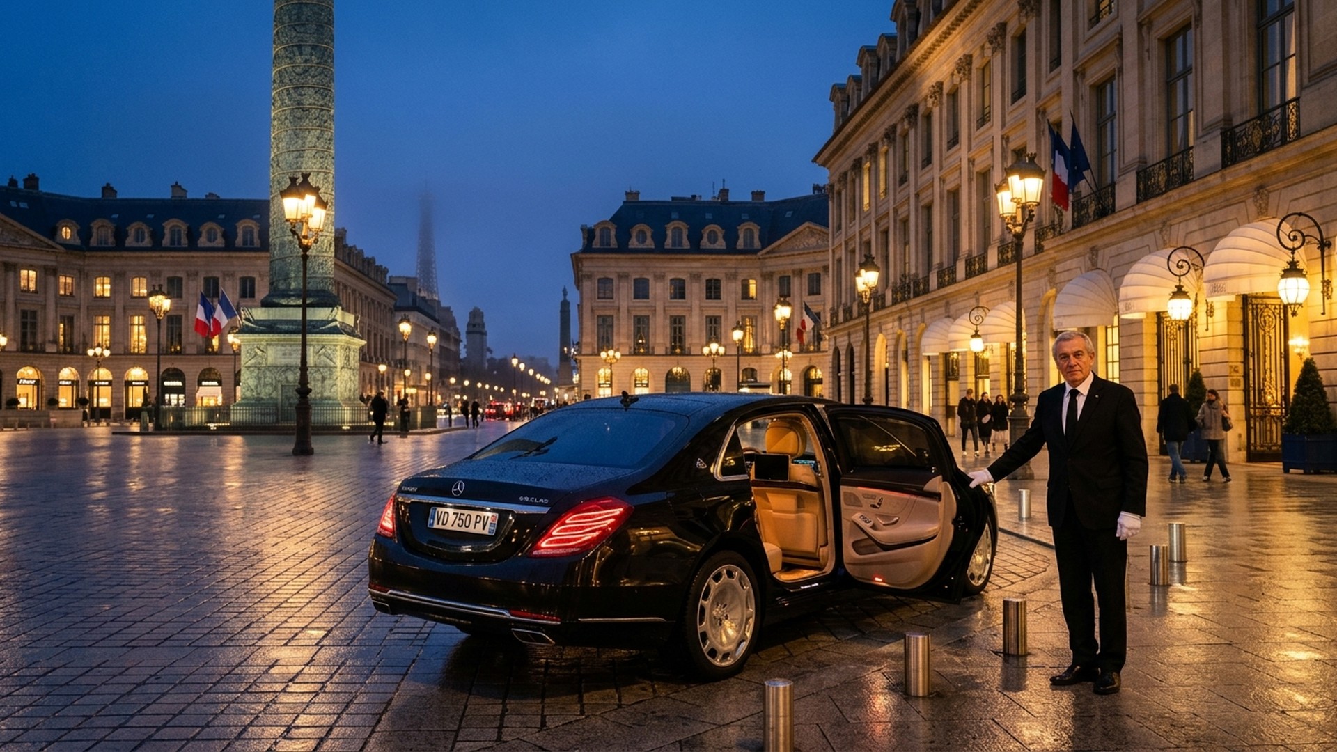 Berline Mercedes de nuit dans les rues illuminées de Paris avec chauffeur privé en costume